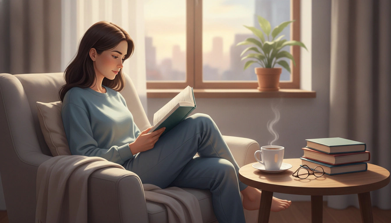 Une personne sereine pratiquant une routine lecture du matin avant le travail dans un salon lumineux.