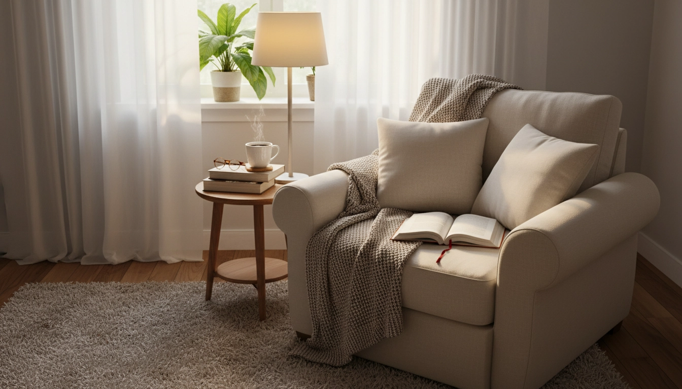 Coin lecture cosy avec fauteuil et café chaud, parfait pour établir une routine lecture quotidienne le matin