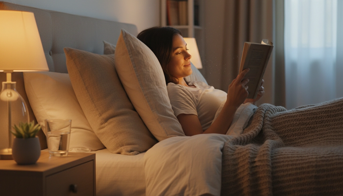 Personne lisant un livre dans son lit sous une lumière douce, illustrant les bienfaits d'une routine lecture quotidienne le soir