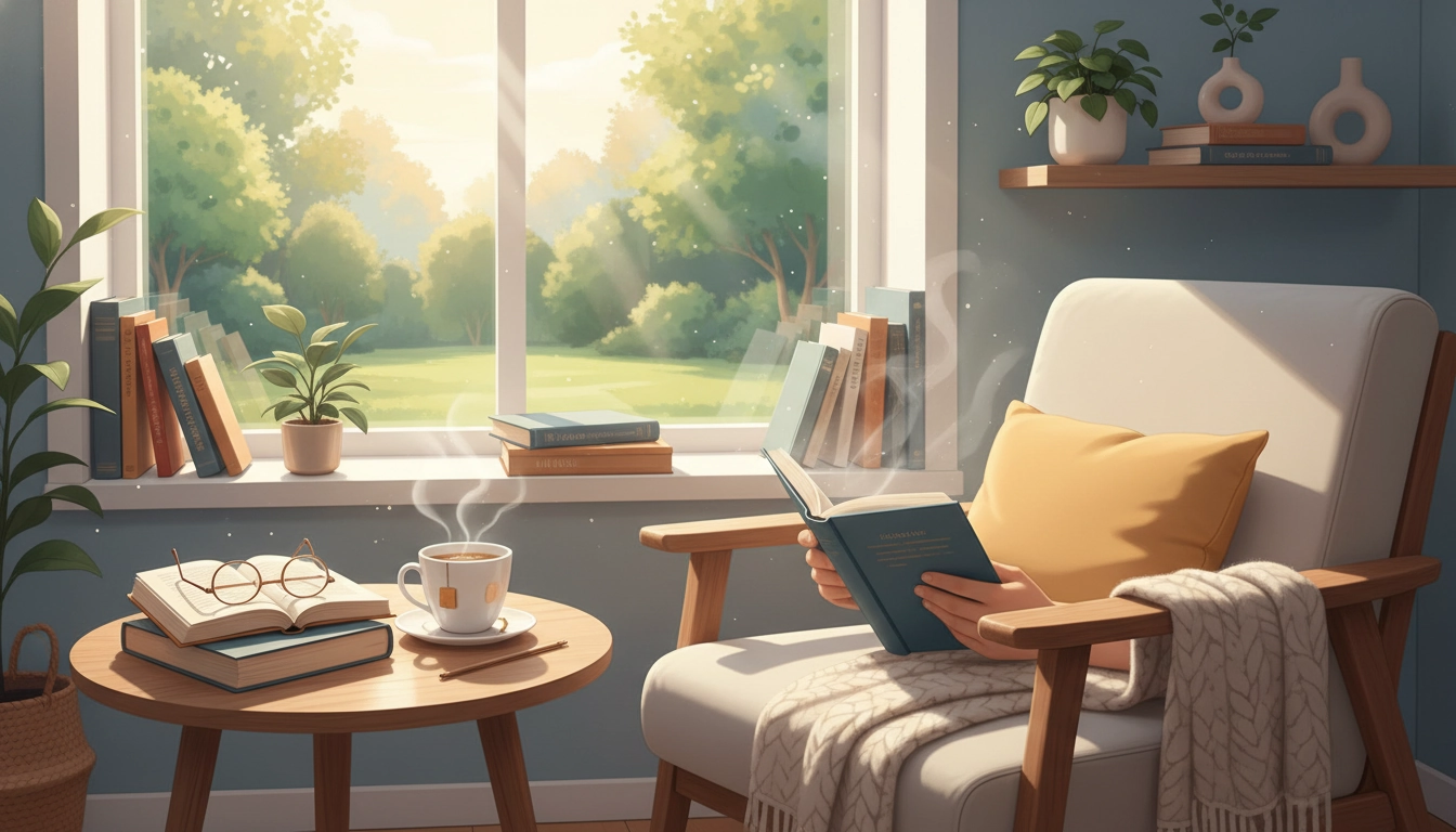 Personne installée dans un fauteuil confortable, lisant un livre ouvert dans une lumière chaude, illustrant une routine lecture quotidienne apaisante