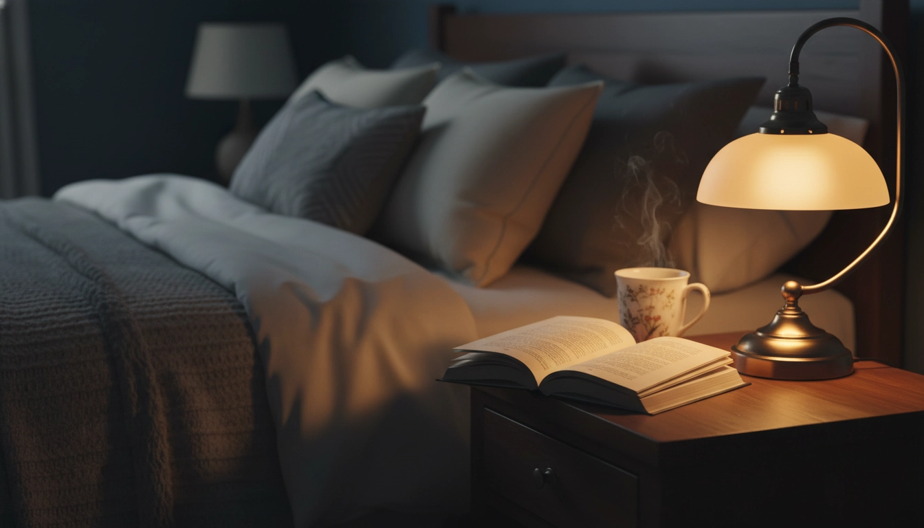 Une table de chevet chaleureuse avec une lampe ambrée pour créer une routine de lecture du soir pour lire régulièrement.