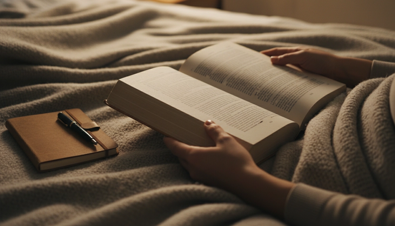 Mains tenant un livre ouvert sous une couette douce, illustrant le confort d'une séance de lecture nocturne.