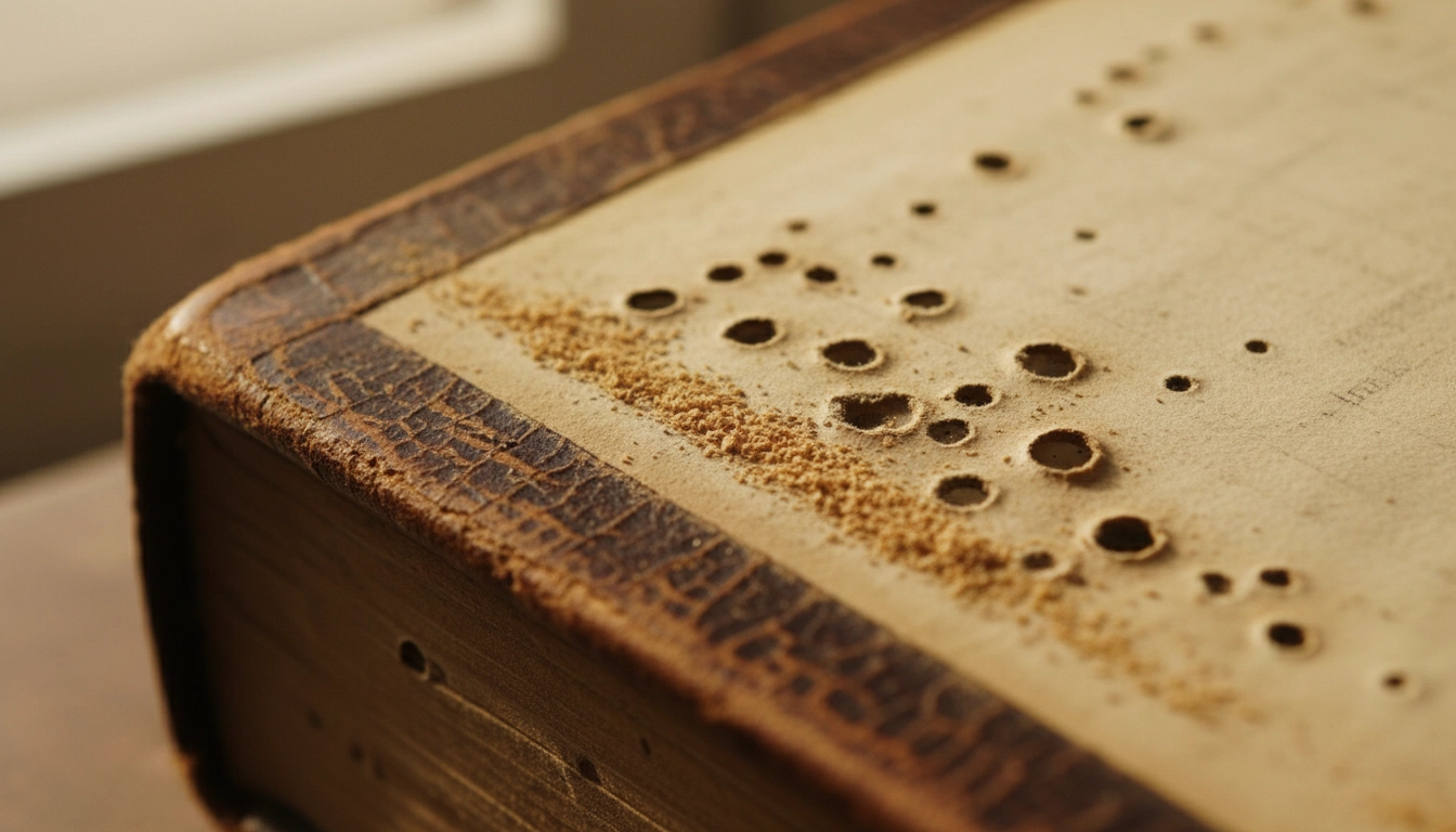 Photographie rapprochée montrant les signes d'infestation de vrillettes dans les livres anciens avec trous de sortie et sciure sur papier et reliure