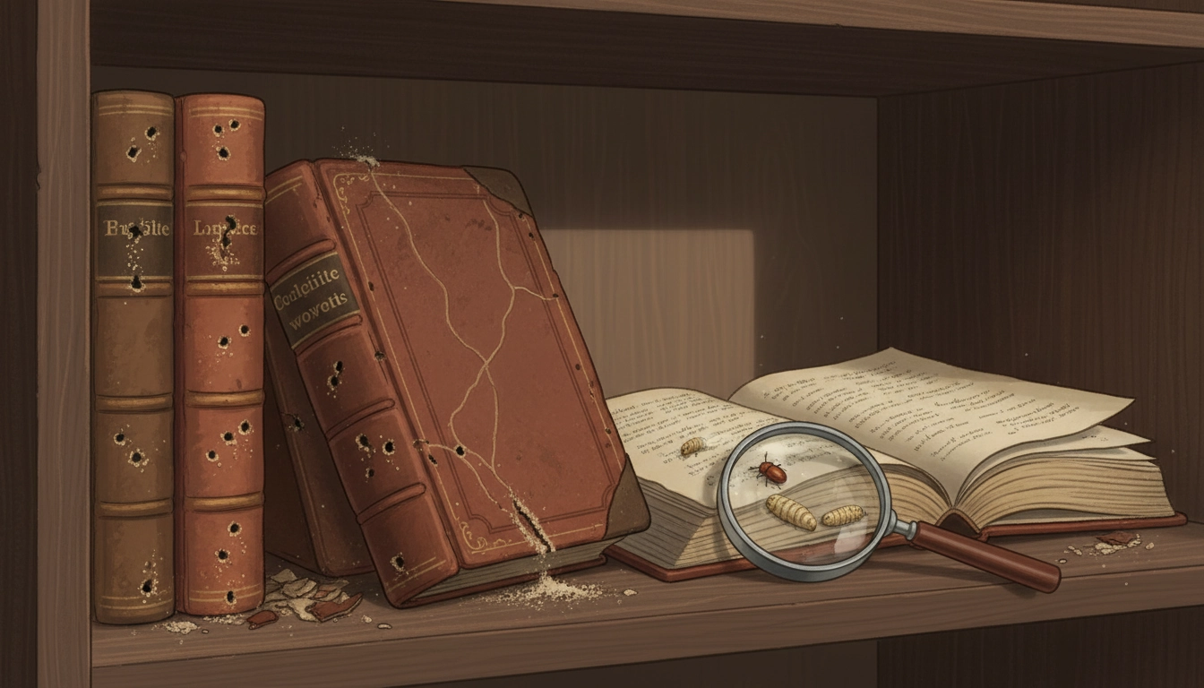 Illustration détaillée des signes d'infestation de vrillettes dans les livres anciens montrant trous de sortie et sciure