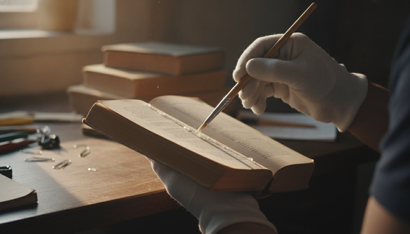 Méthode précise pour stabiliser la reliure d'un livre de poche abîmé avec de la colle neutre.
