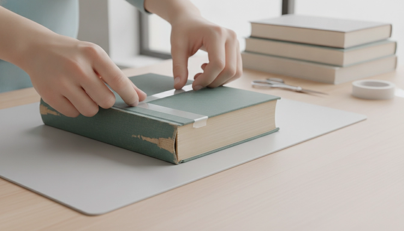 Un kit de réparation pour stabiliser la reliure d'un livre de poche abîmé sur une table en bois.