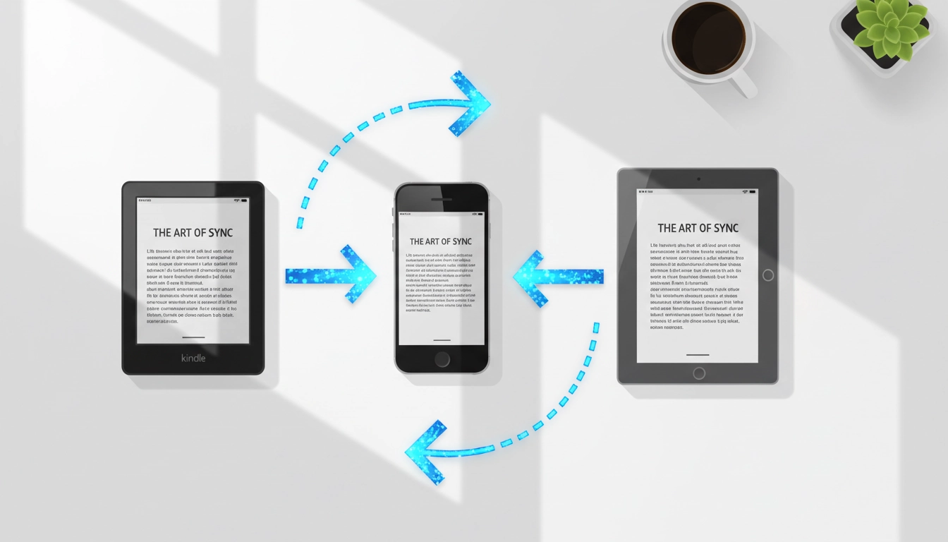 Schéma de synchronisation lecture numérique entre une liseuse Kindle, un smartphone et une tablette