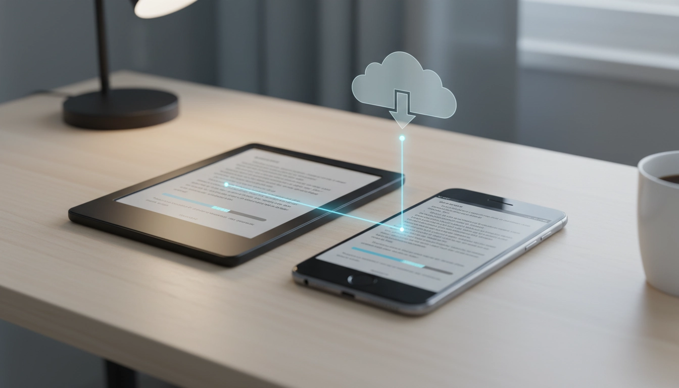 Écran de synchronisation d'une liseuse montrant comment synchroniser sa progression de lecture entre liseuse et smartphone avec un compte unique