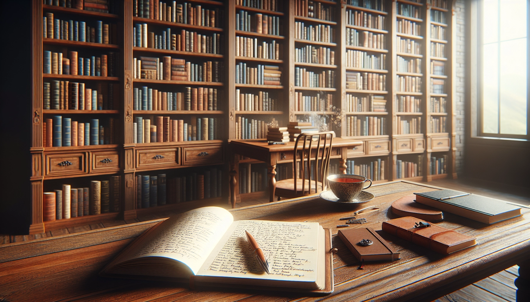 Bureau de lecteur passionné avec carnet d'inventaire manuscrit et étagères de livres organisés — créer un système d'inventaire bibliothèque personnelle complet et durable