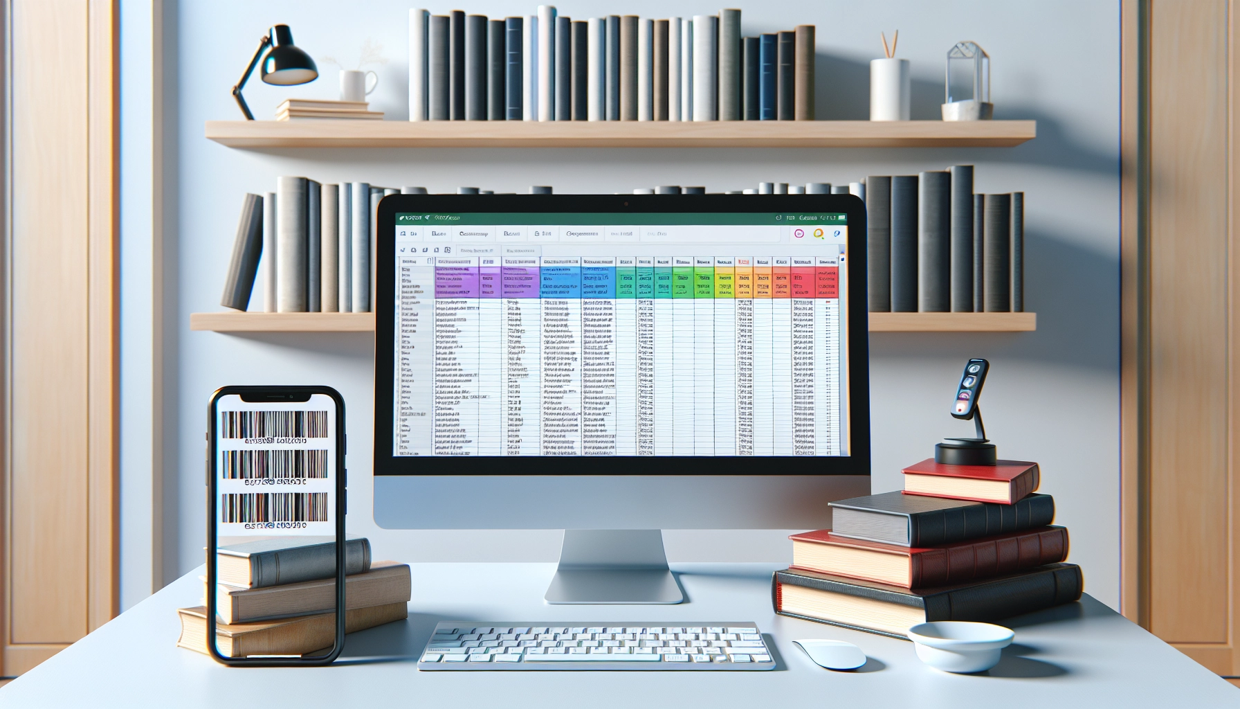 Écran d'ordinateur affichant un tableur d'inventaire de bibliothèque personnelle avec application de scan ISBN sur smartphone