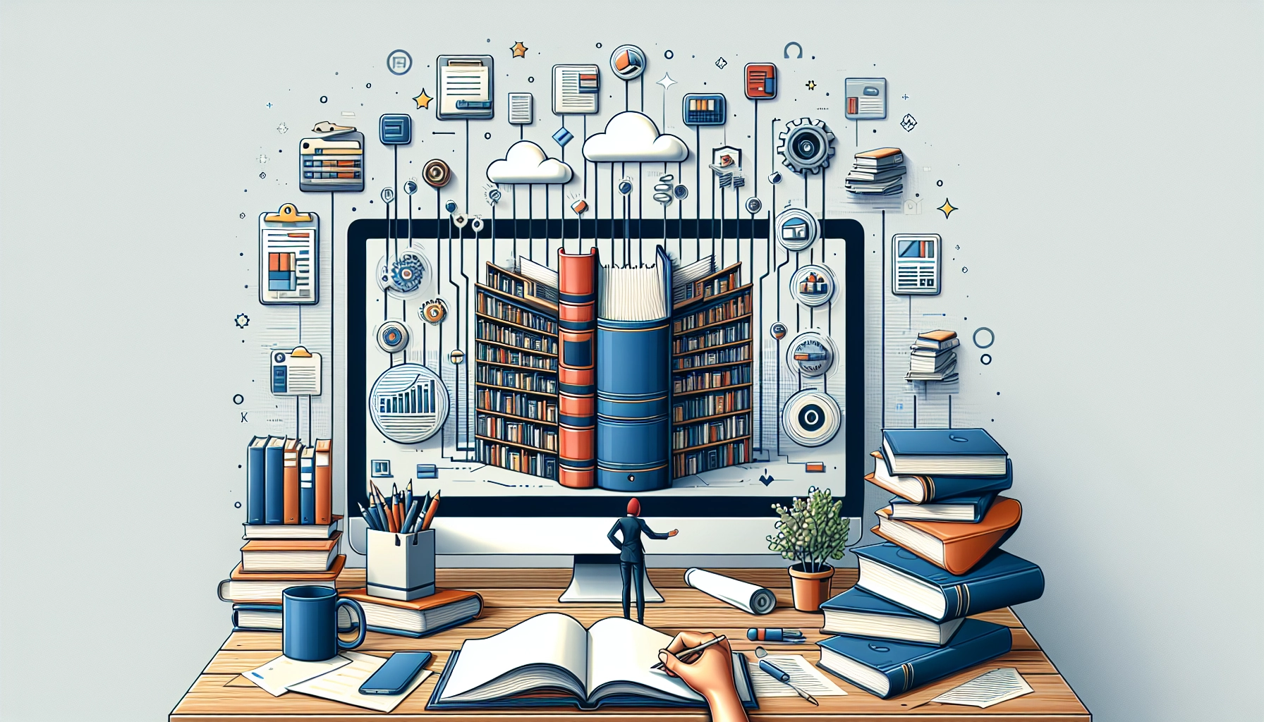 Bureau élégant avec des étagères de livres bien organisées, un carnet d'inventaire ouvert et un ordinateur affichant un tableur de catalogue de bibliothèque personnelle