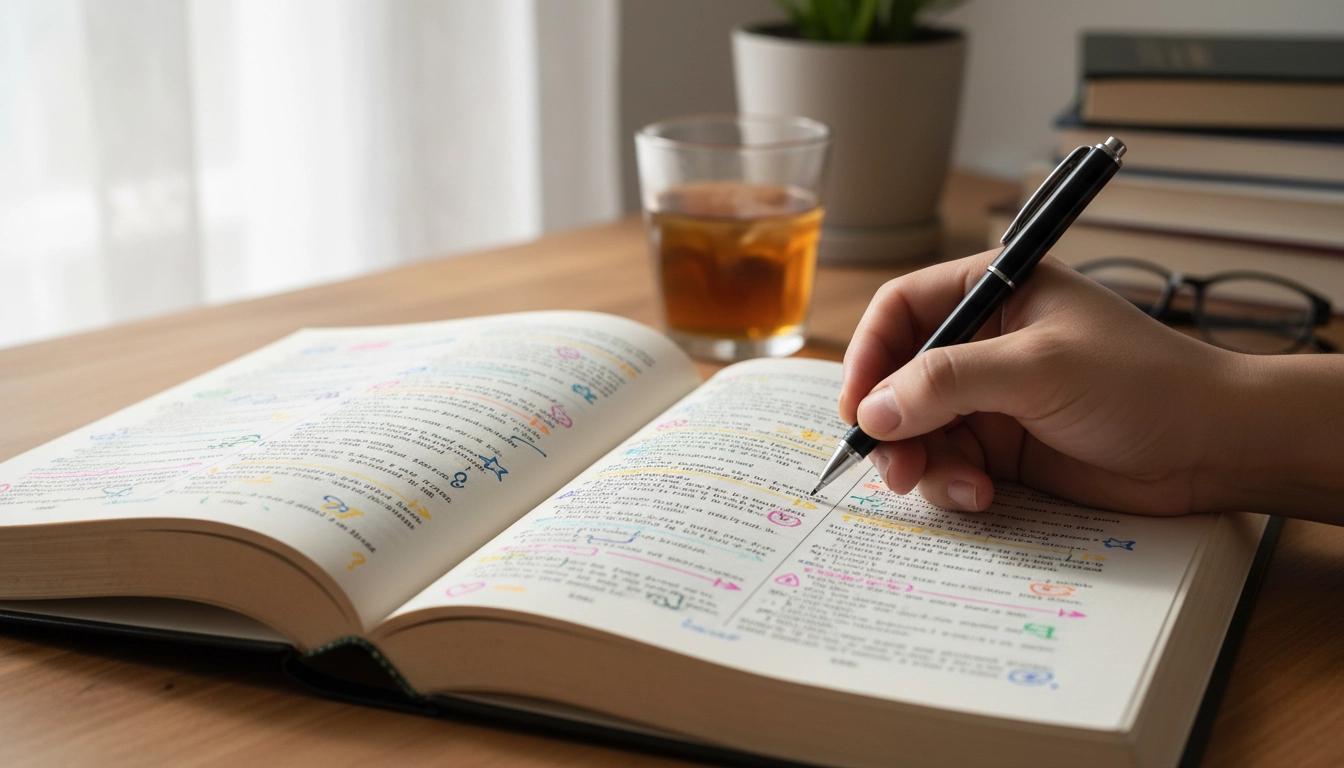 Livre annoté avec un système de symboles personnels pour annoter ses lectures montrant des étoiles, points d'interrogation et flèches dans les marges