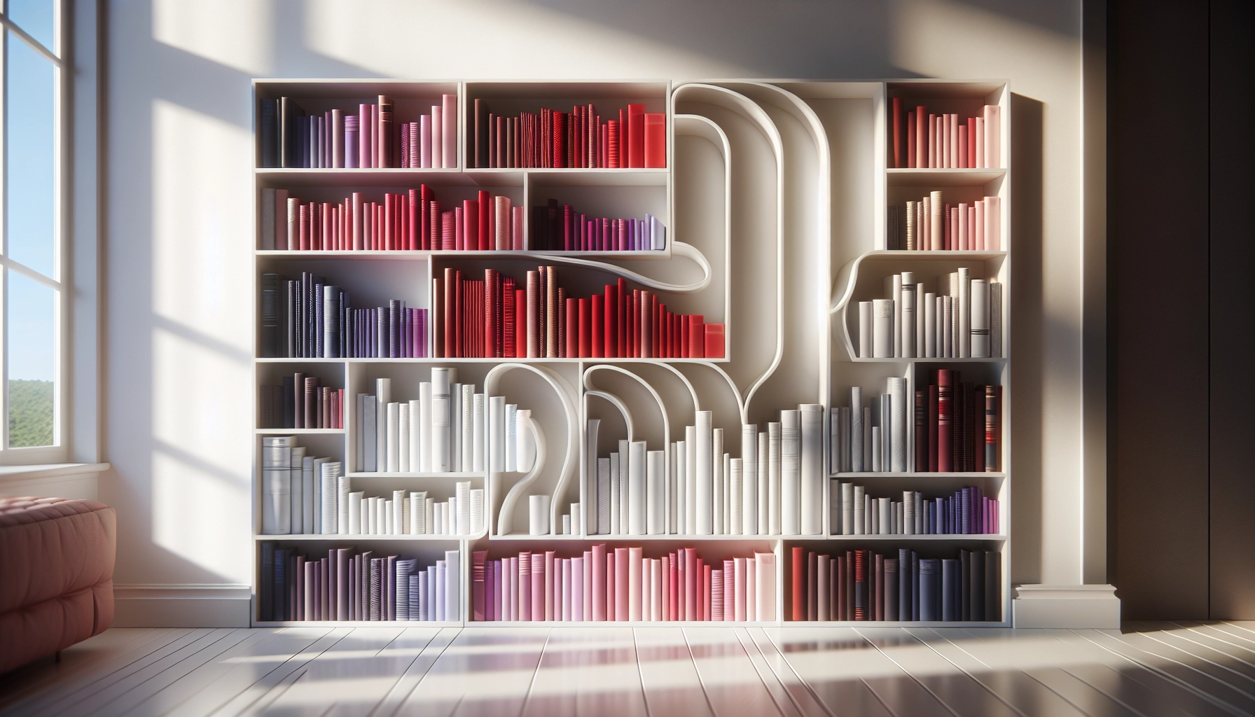 Livres classés par couleur de tranche sur une étagère moderne, alternative visuelle aux systèmes de classement traditionnels