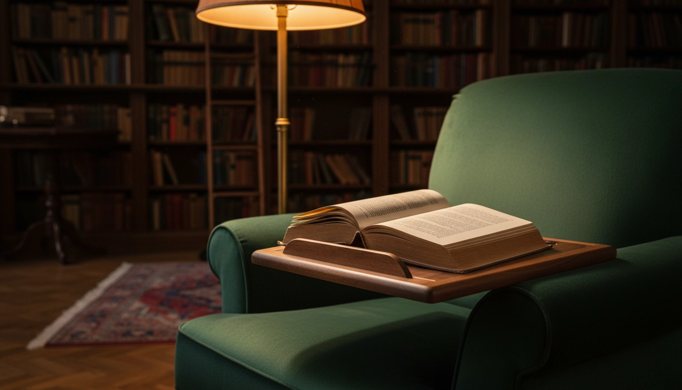 Une tablette de lecture fixable au fauteuil en bois massif supportant un livre ouvert dans un salon chaleureux.