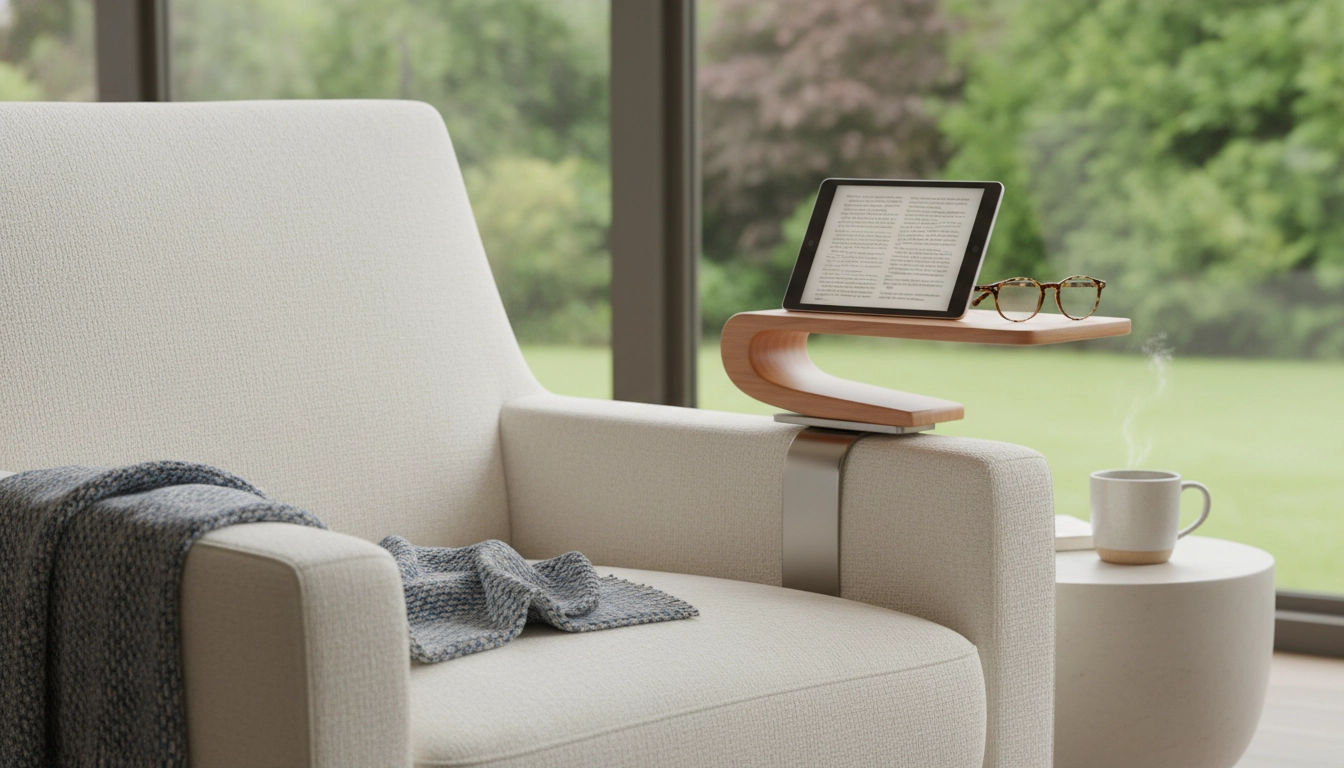 Une tablette de lecture fixable au fauteuil en bois naturel installée sur un fauteuil confortable dans un salon lumineux.