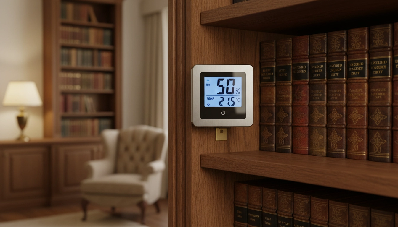 Hygromètre digital montrant le taux d'humidité idéal pour conserver les livres entre 45 et 55%, placé sur une étagère avec des livres anciens