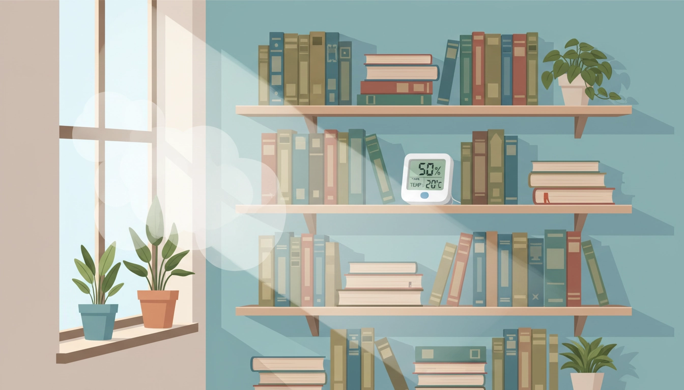 Hygromètre digital affichant le taux d'humidité idéal pour conserver les livres, positionné près d'une bibliothèque