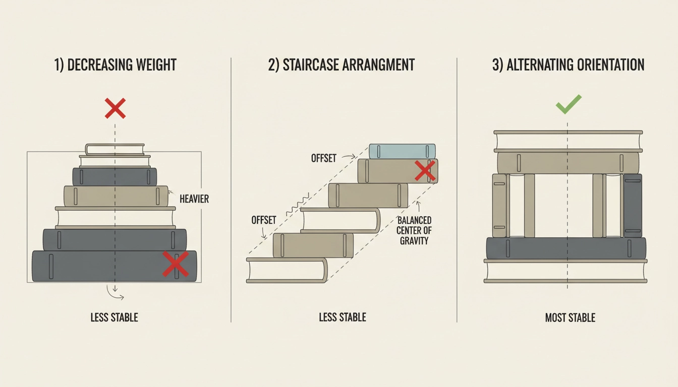 Comparaison visuelle des trois techniques empiler livres stabilité sans tomber pour un rangement sécurisé