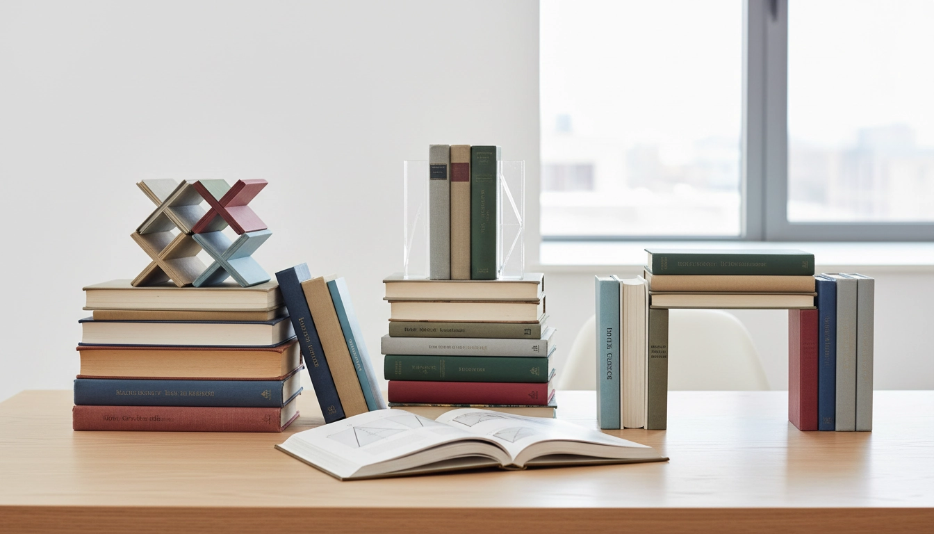 Illustration montrant les techniques empiler livres stabilité sans tomber avec différentes méthodes d'empilement