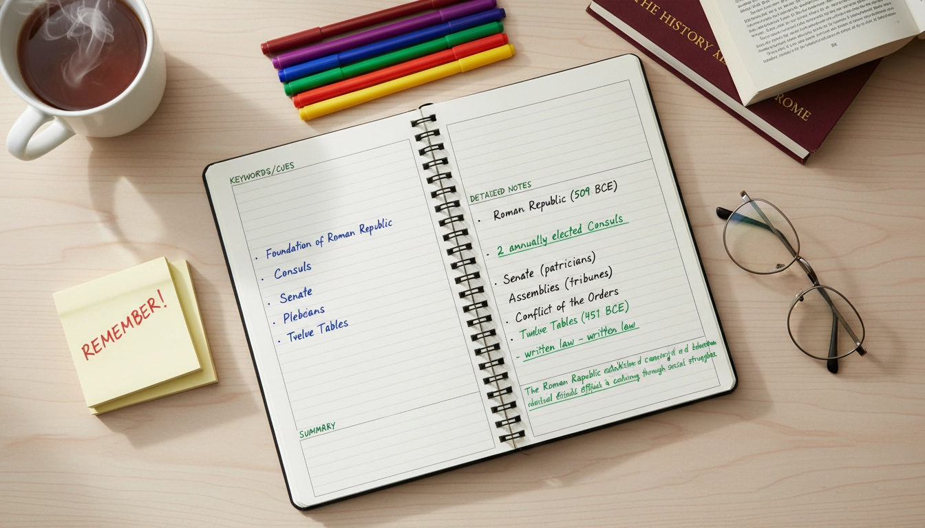 Carnet de notes de lecture active avec méthode Cornell et annotations colorées
