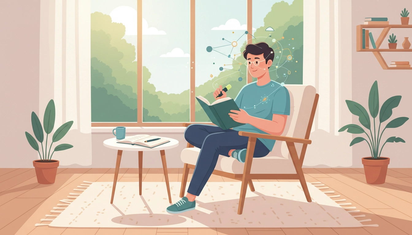 Personne appliquant des techniques de lecture active avec un livre annoté et des notes