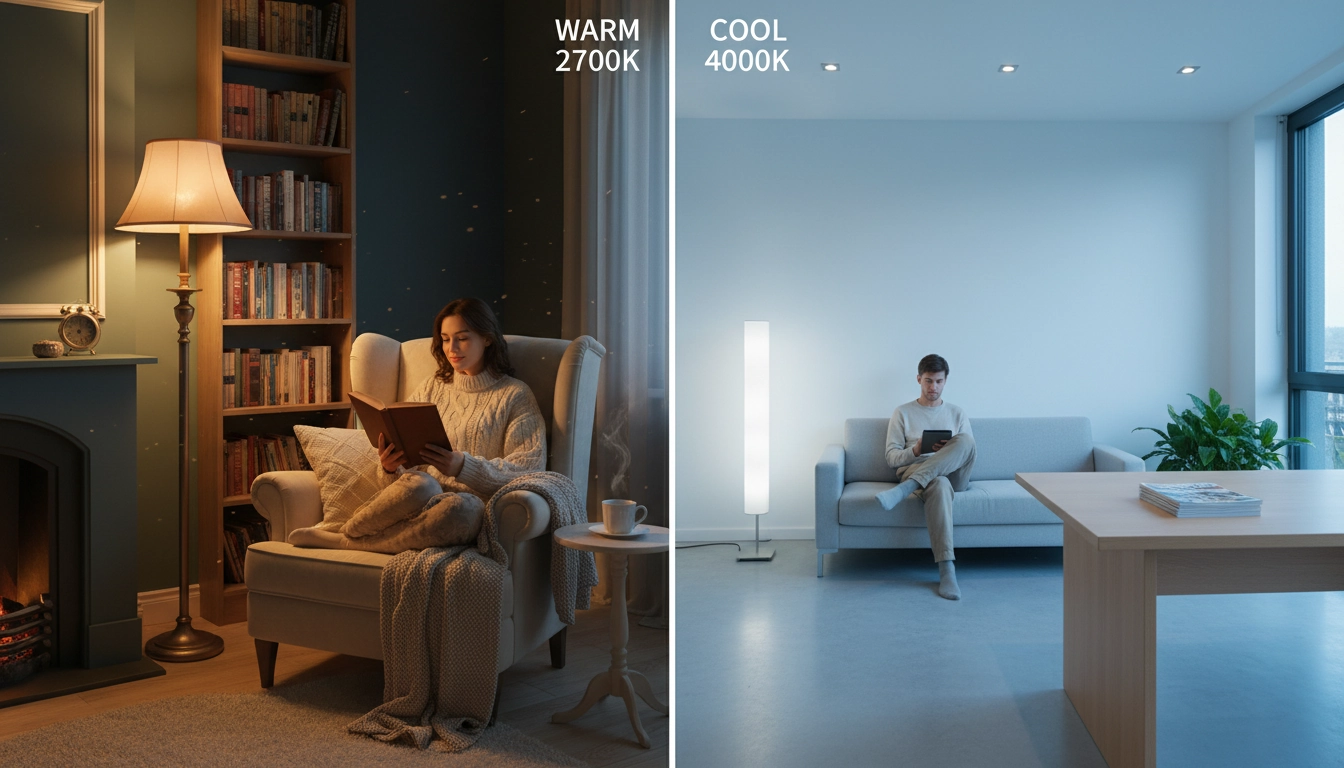 Comparaison des différentes températures de couleur pour une ampoule lecture : éclairage chaud 2700K versus éclairage neutre 4000K dans deux coins de lecture