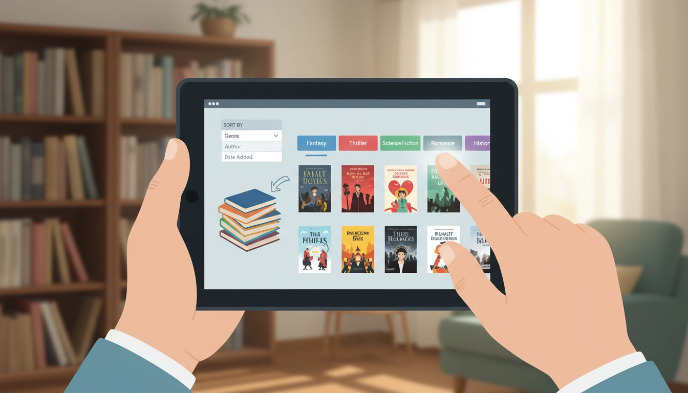 Écran de liseuse affichant les collections organisées pour trier ses ebooks par genre littéraire sur liseuse
