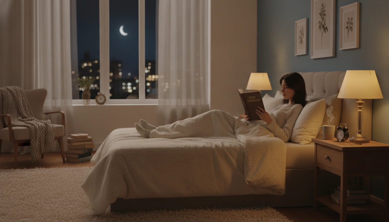 Un moment de calme dans une chambre, illustrant quel type de livre lire le soir pour favoriser la détente.