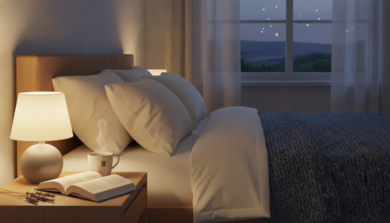 Une personne lisant un livre dans une chambre douillette avec une lumière tamisée pour savoir quel type de livre lire le soir pour favoriser la détente.