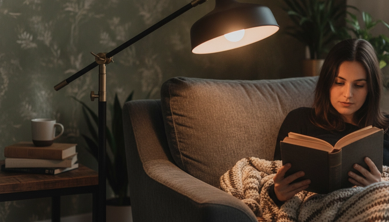 Détail d'un lampadaire articulé idéal pour la lecture nocturne